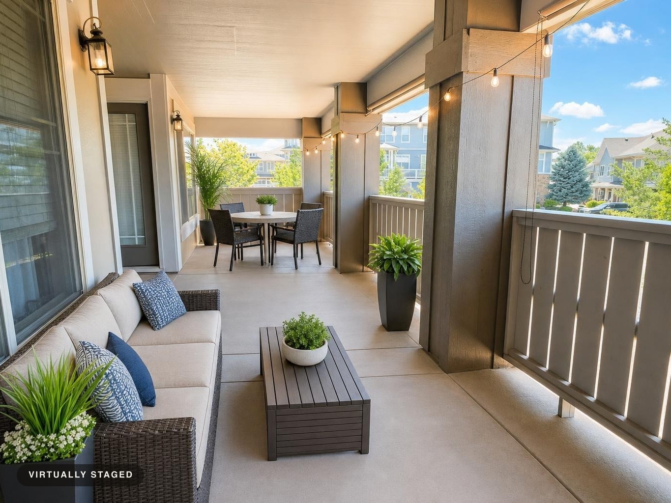 Modern backyard patio with wicker sofa, gray coffee table, round dining set, string lights, and potted plants on a covered porch.