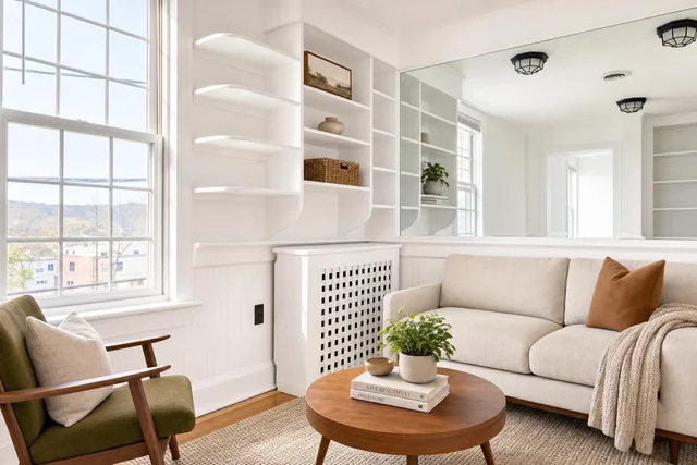Midcentury living room with beige sofa, olive armchair, round wood coffee table, built-in white shelves, and large windows.