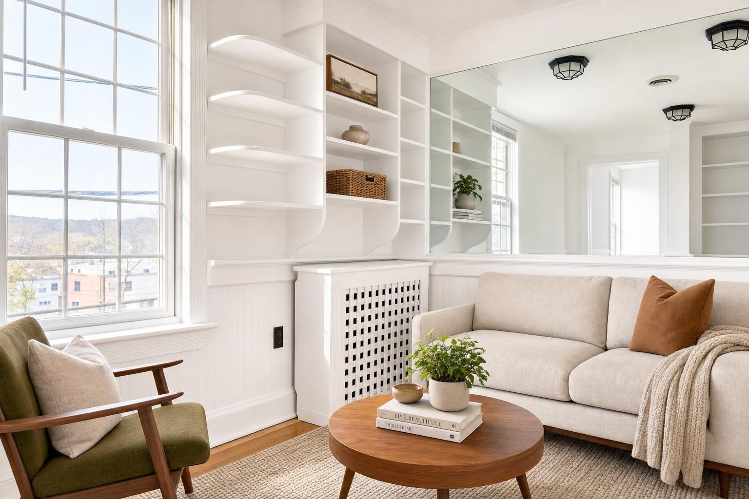 Midcentury living room with beige sofa, olive armchair, round wood coffee table, built-in white shelves, and large windows.
