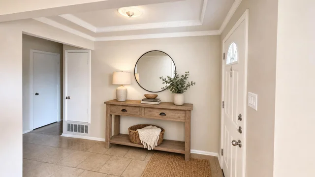 Entryway with beige tile floor, rustic wood console table with round mirror, lamp, woven basket, and white paneled front door.