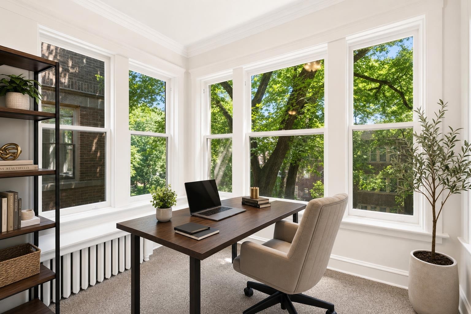 modern office with dark brown desk, beige swivel chair, large corner windows, potted plants, and wooden shelving unit