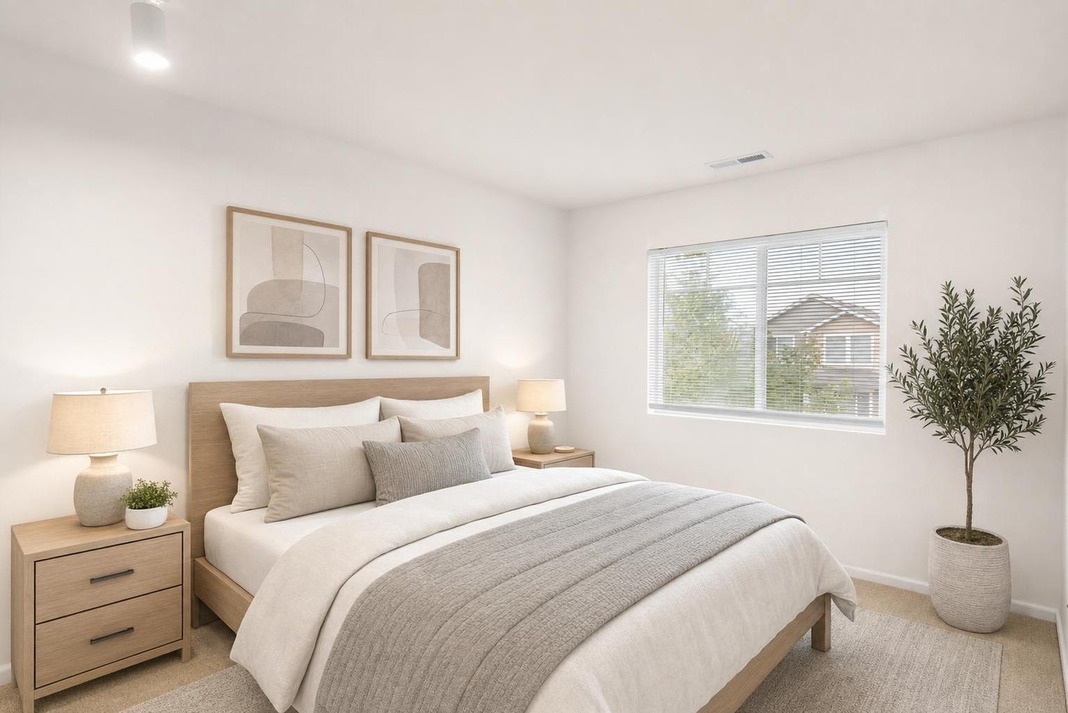 Bright bedroom with light wood bed, nightstands, two lamps, neutral bedding, abstract art above bed, large window, and a potted plant.