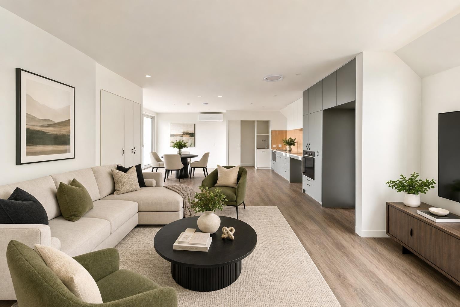 Modern living room with beige sectional sofa, olive armchairs, black round coffee table, TV on wooden console, light walls and wood floor.