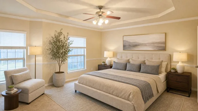 Beige luxury bedroom with large bed, two nightstands with lamps, cushioned chair, small side table, and tall potted plant.