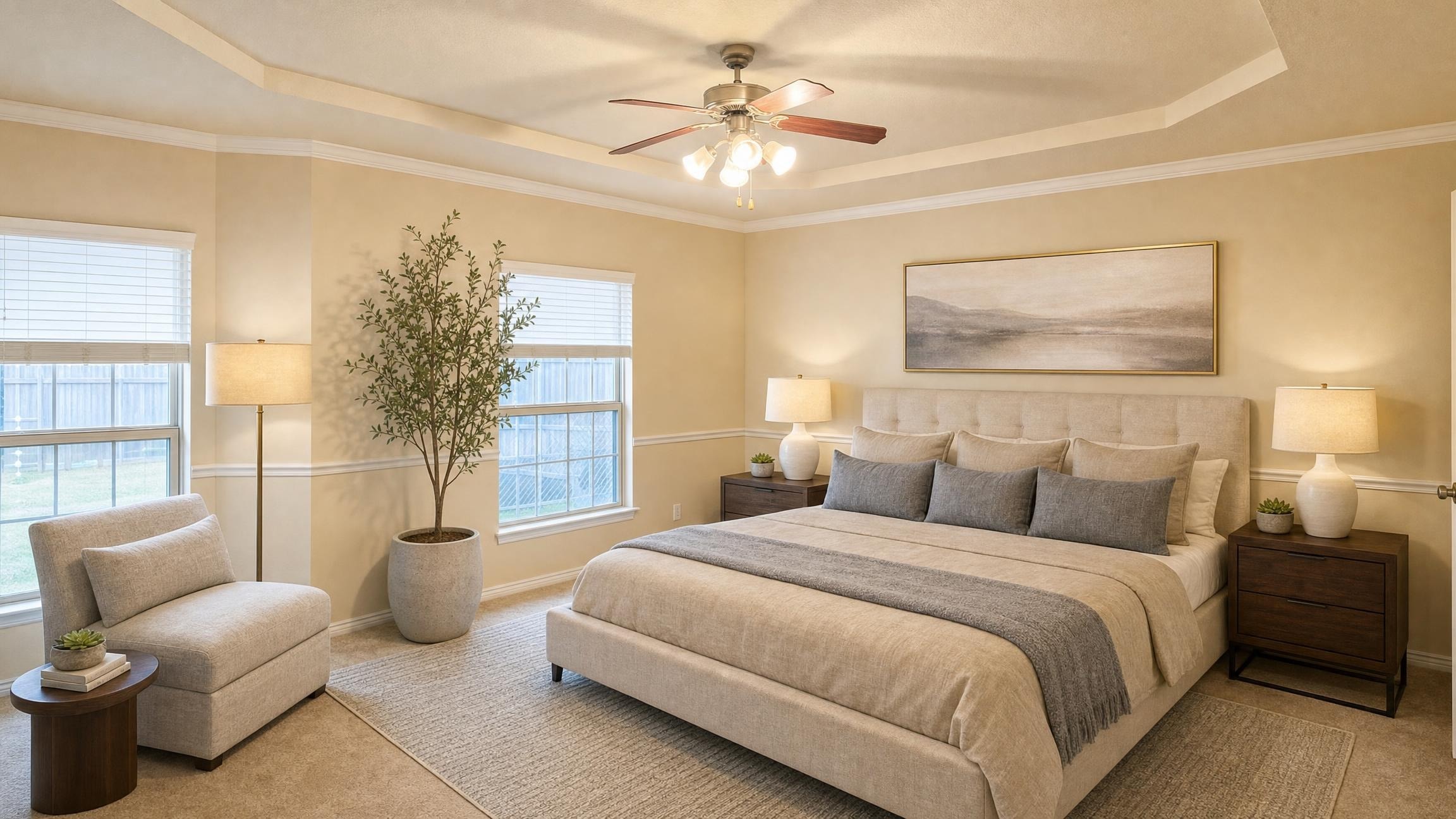 Beige luxury bedroom with large bed, two nightstands with lamps, cushioned chair, small side table, and tall potted plant.