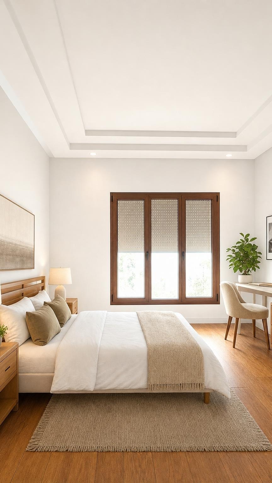 Modern bedroom with white and beige bedding, wooden furniture, a window with brown frame, and a light beige rug on wooden floor.