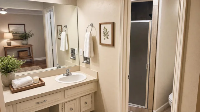 Cream farmhouse bathroom with vanity, oval sink, towel ring, framed botanical art, and a glimpse of a shower stall.