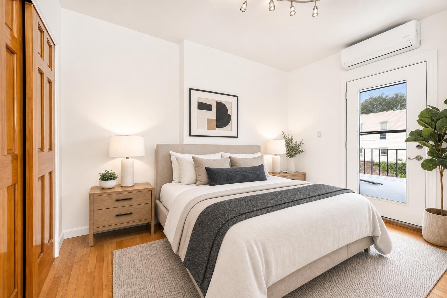 Modern bedroom with beige upholstered bed, two wood nightstands, lamps, abstract wall art, and a glass door leading outside.