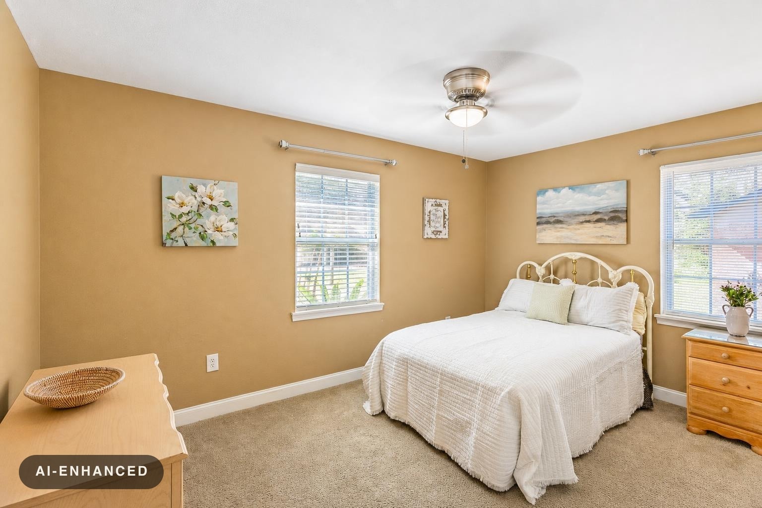 Bedroom with beige walls, white bed, two windows, wooden dresser and nightstand, ceiling fan, and floral artwork.