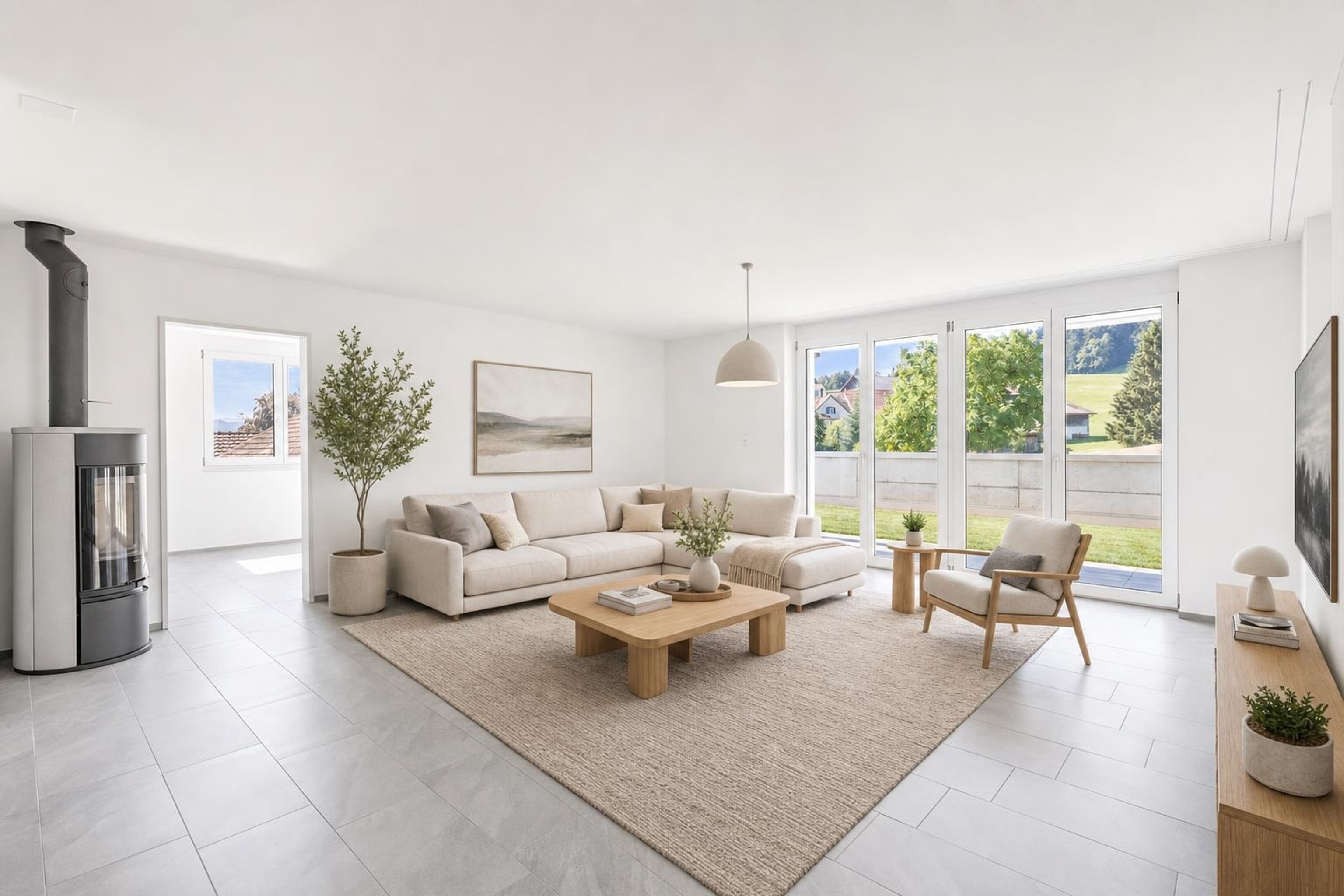 Bright living room with beige sectional sofa, wooden coffee table, armchair, large windows, and neutral decor in Scandinavian style.