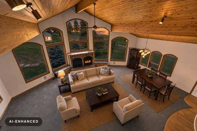 Living room with vaulted wood ceiling, large arched windows, beige sofa and chairs, wooden coffee table, and dining area with table and chairs.