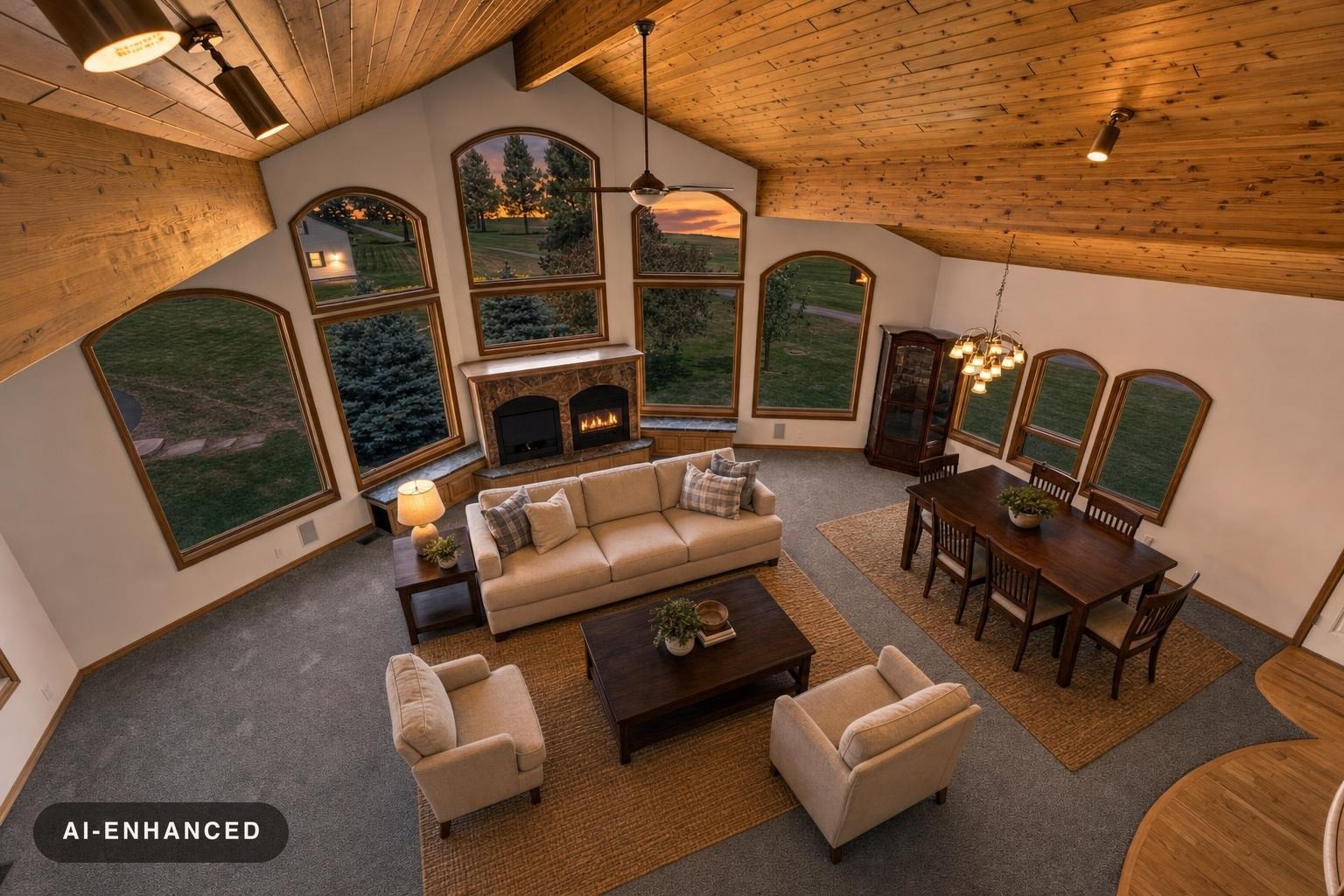 Living room with vaulted wood ceiling, large arched windows, beige sofa and chairs, wooden coffee table, and dining area with table and chairs.