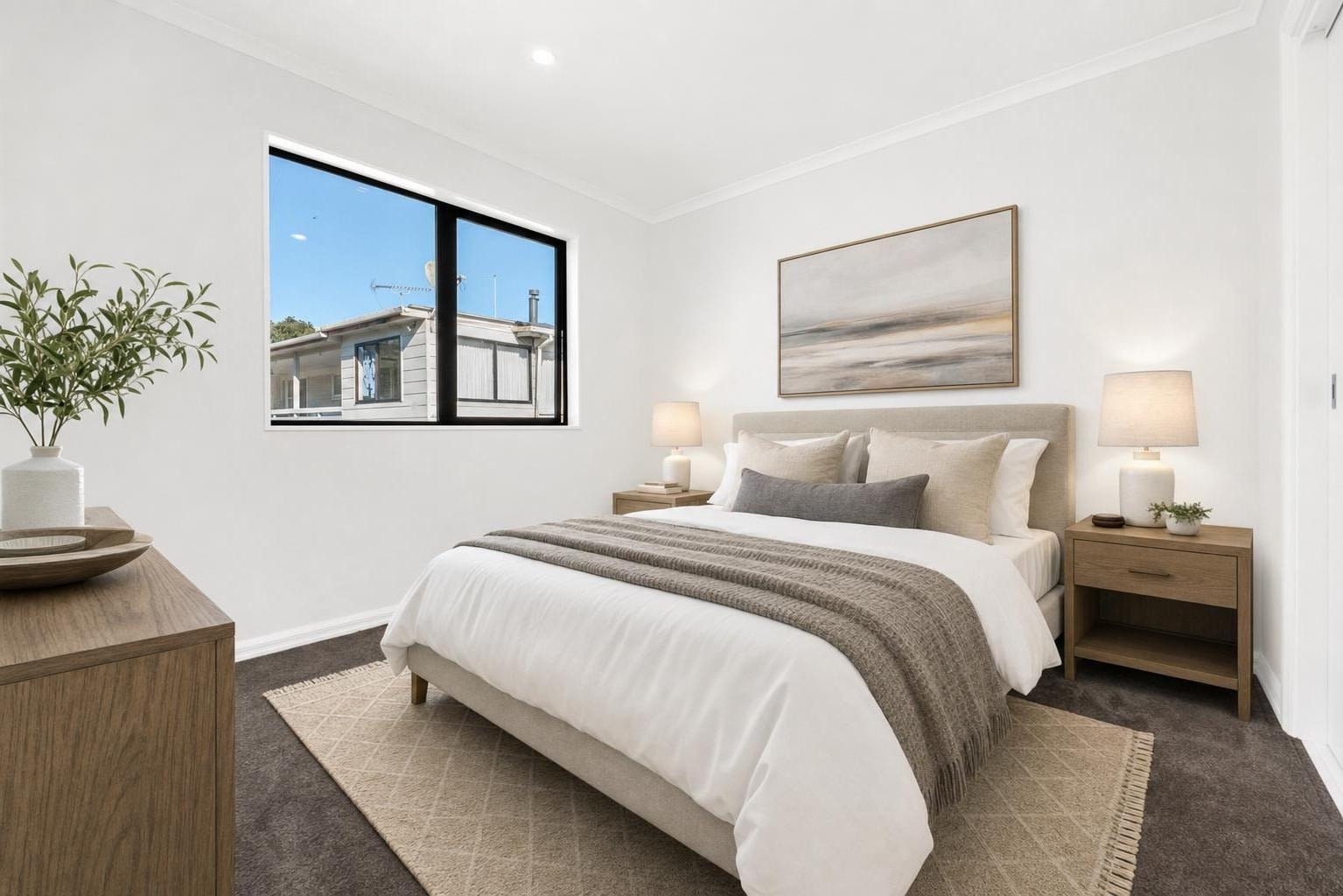 Bright modern bedroom with a bed, two wooden nightstands with lamps, a painting above the bed, and a window on the left.