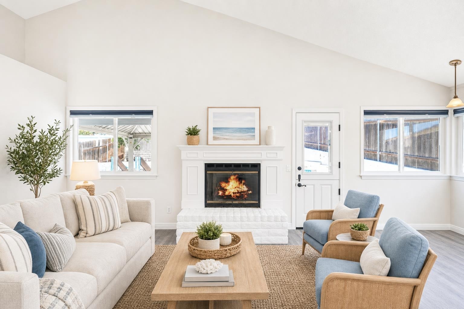 Coastal living room with white sofa, two blue armchairs, wooden coffee table, and white fireplace with fire.