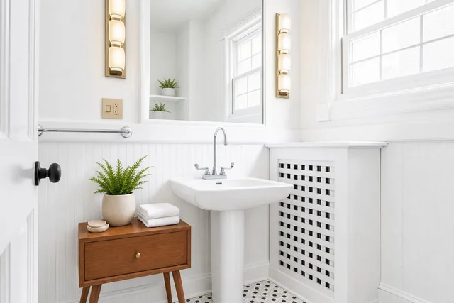 White bathroom with pedestal sink, wooden side table holding plant and towels, brass wall sconces, and patterned tile floor.