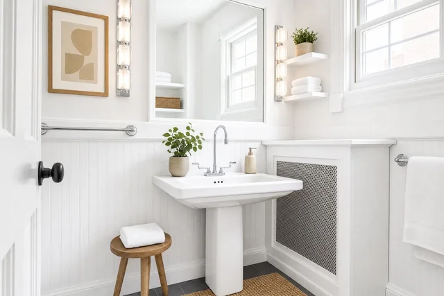 White bathroom with pedestal sink, rectangular mirror, wooden stool, and towel on wall rack.