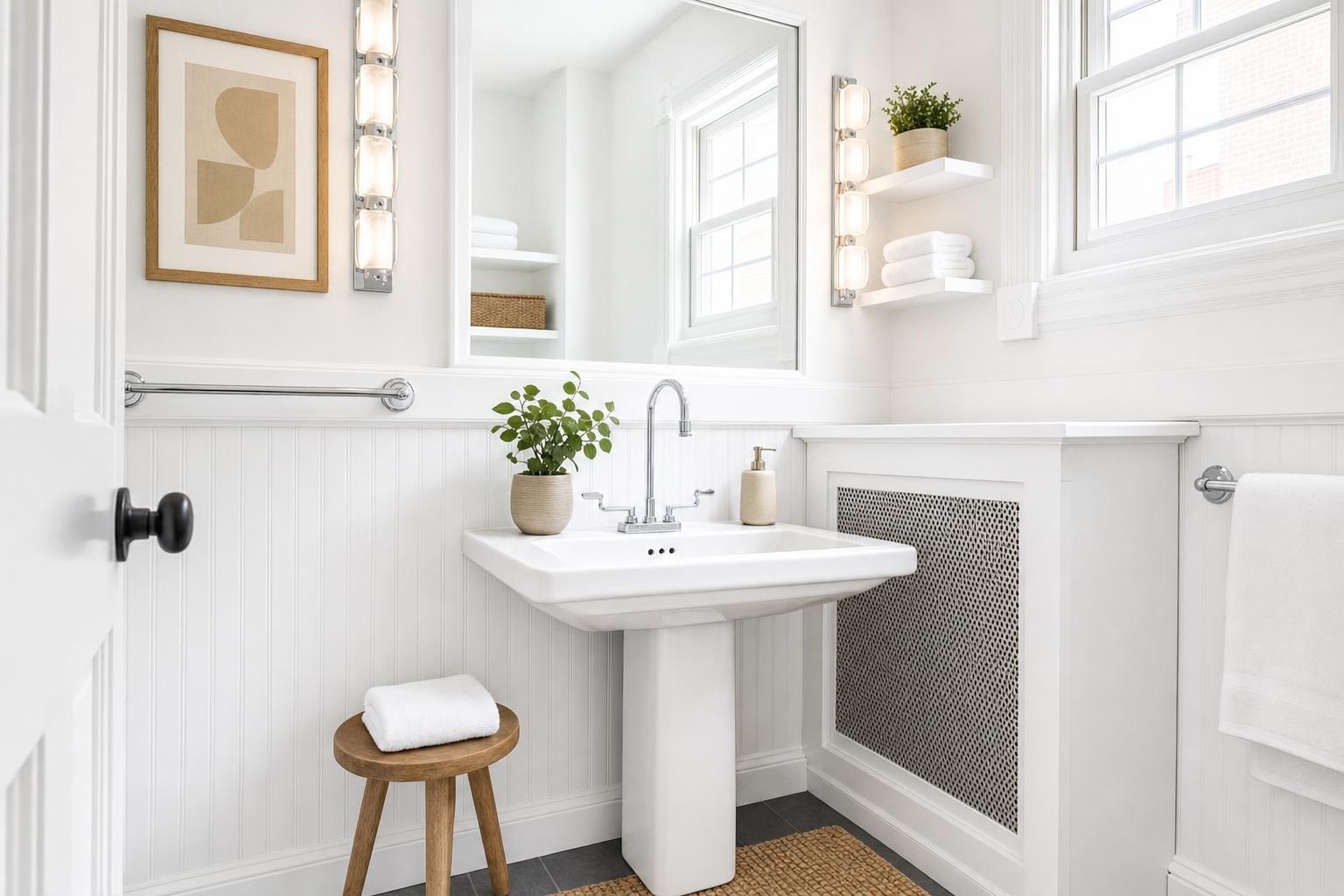 White bathroom with pedestal sink, rectangular mirror, wooden stool, and towel on wall rack.