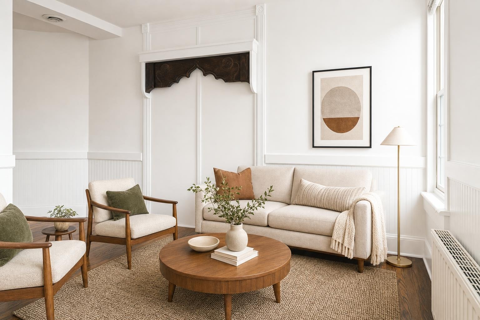 Living room with beige sofa, two wood framed armchairs, round wooden coffee table, and woven rug under natural light.