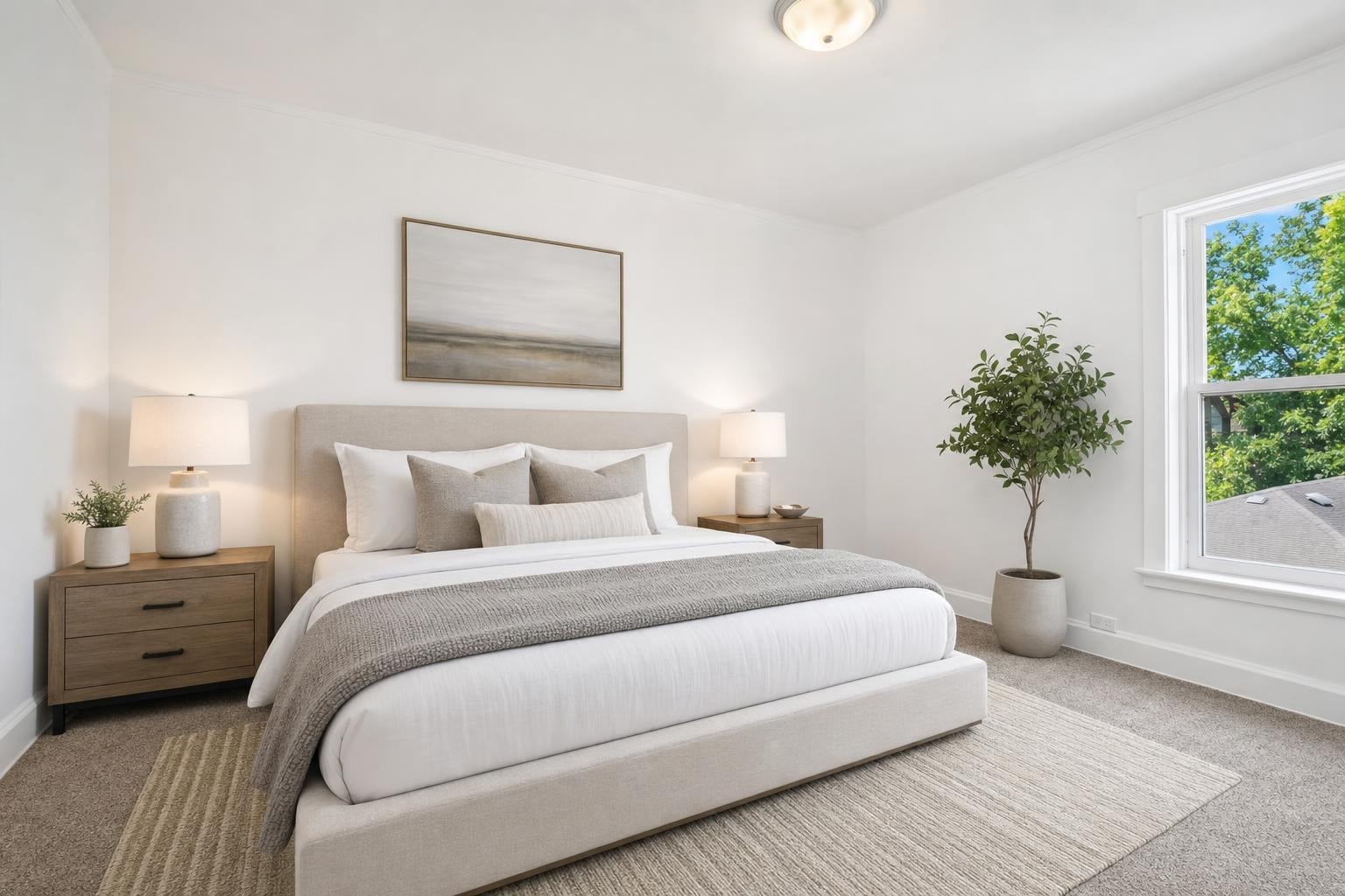 Modern bedroom with beige upholstered bed, two nightstands with lamps, a large window, and a potted plant in a neutral color scheme.
