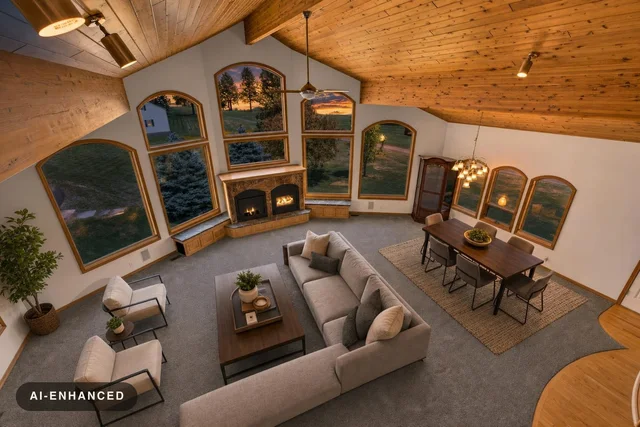 Spacious living room with wooden ceiling, large arched windows, sectional sofa, fireplace, and a dining area with table and chairs.