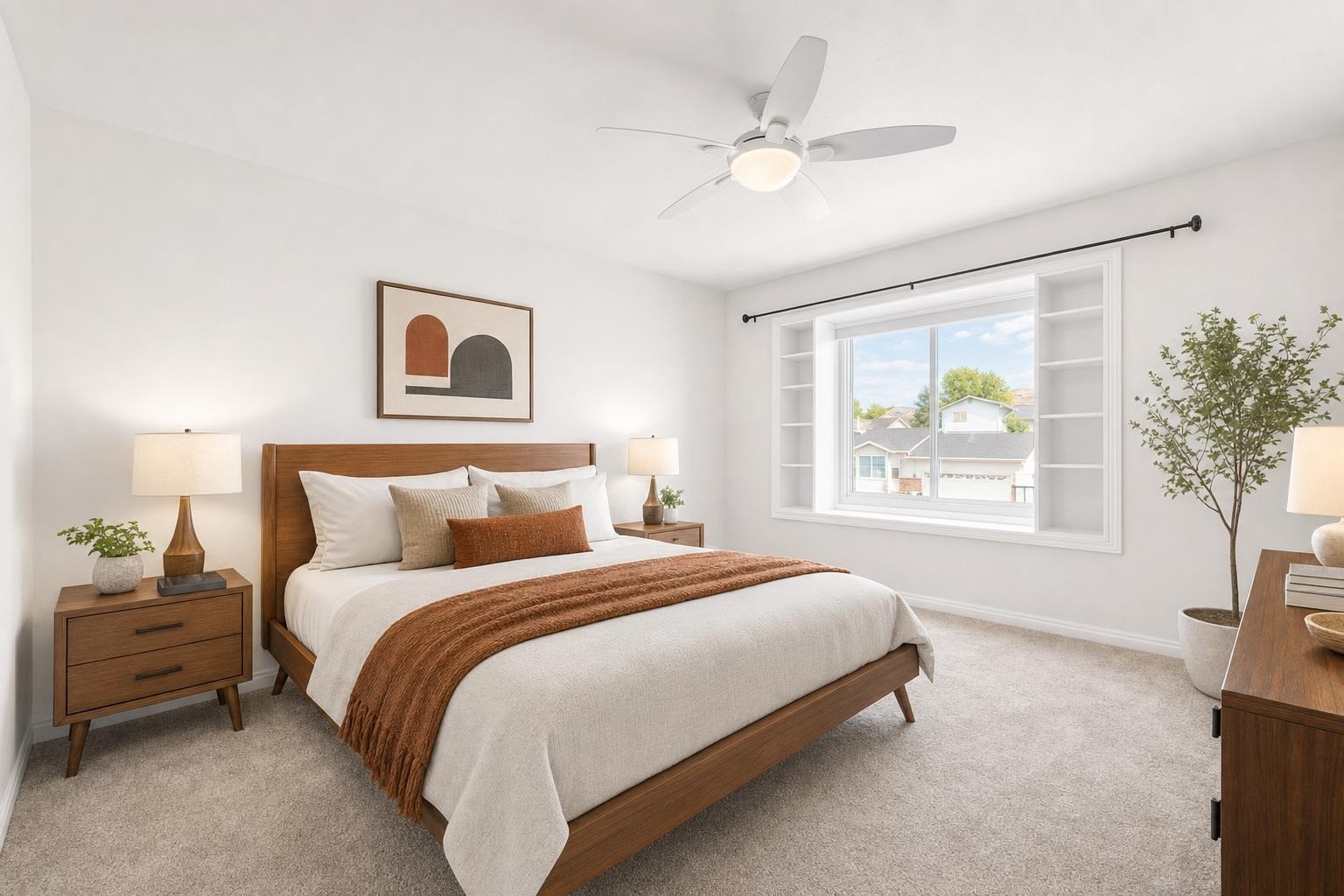 Midcentury bedroom with wooden platform bed, two matching nightstands with lamps, abstract wall art, and a large window.