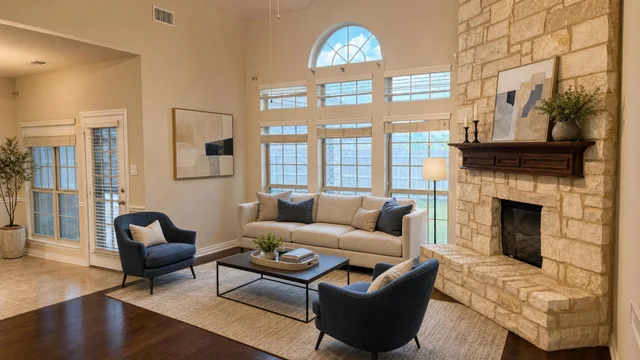 Bright living room with large windows, beige sofa, two blue armchairs, stone fireplace, and coffee table on a woven rug.