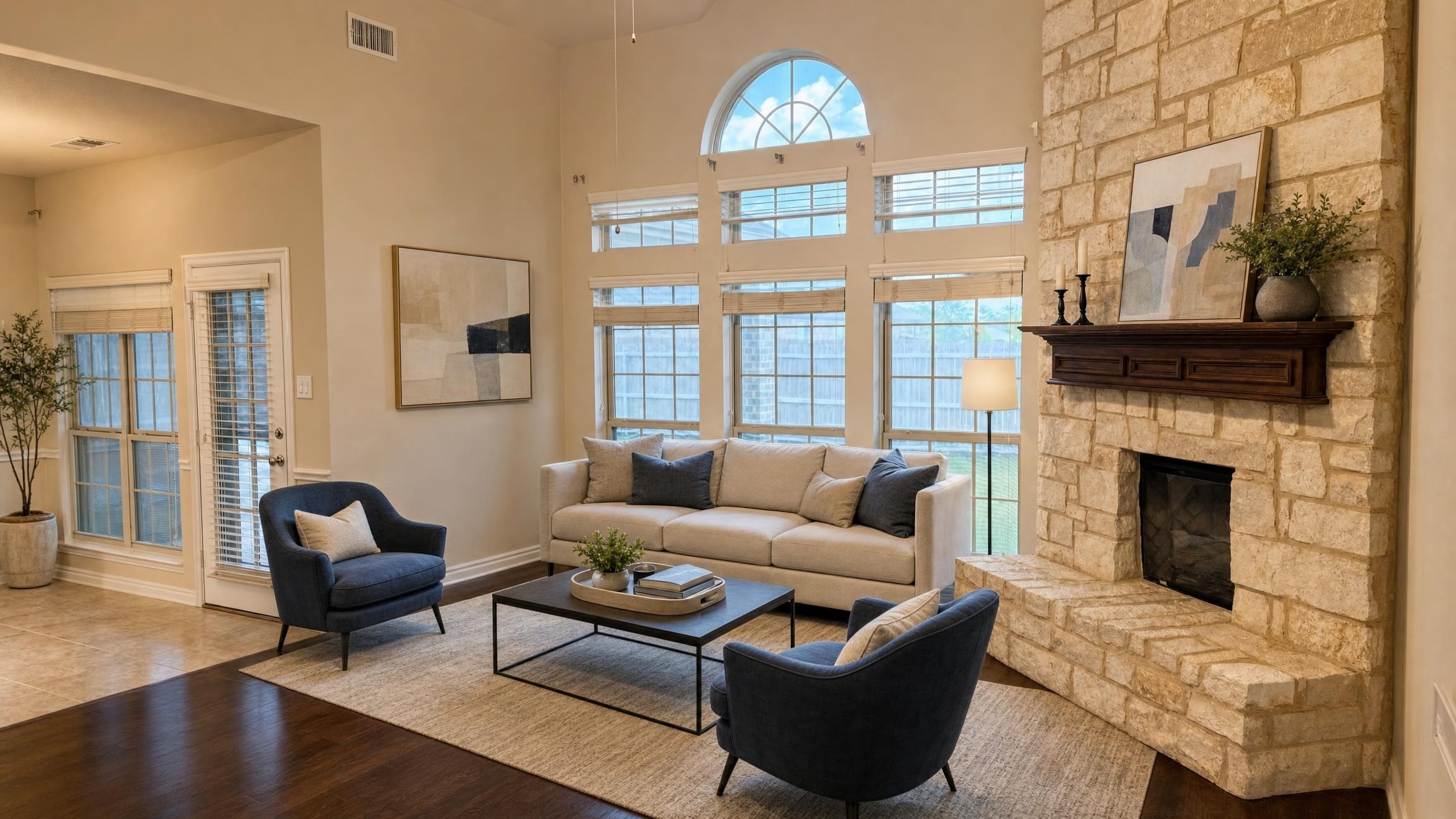 Bright living room with large windows, beige sofa, two blue armchairs, stone fireplace, and coffee table on a woven rug.