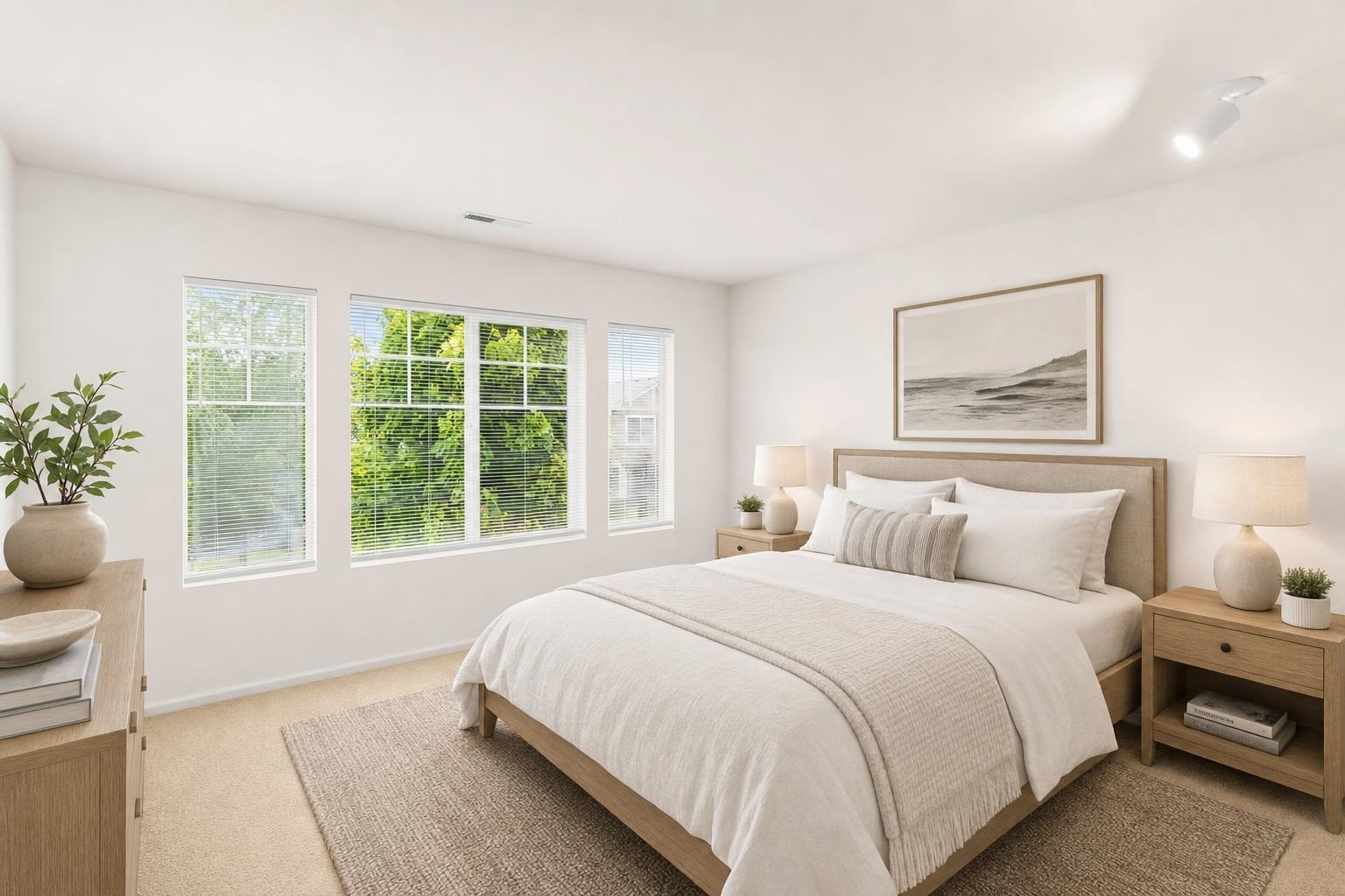 Bright bedroom with large windows, natural wood bed and nightstands, white bedding, and beige area rug.