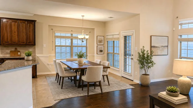 Dining room with wooden table, six beige upholstered chairs, gray rug, pendant light, and plants.