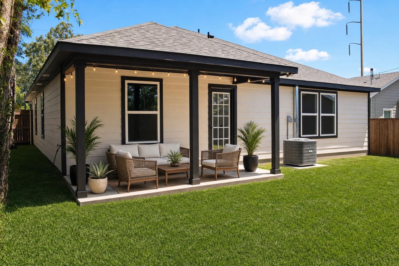 Small covered backyard patio with wicker sofa, two wicker armchairs, coffee table, and potted plants.