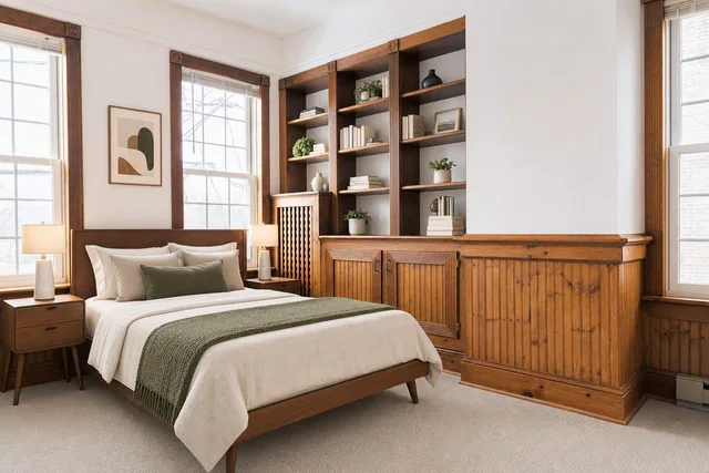 Midcentury bedroom with wooden framed bed, matching nightstands, built-in shelving, and green and beige bedding.