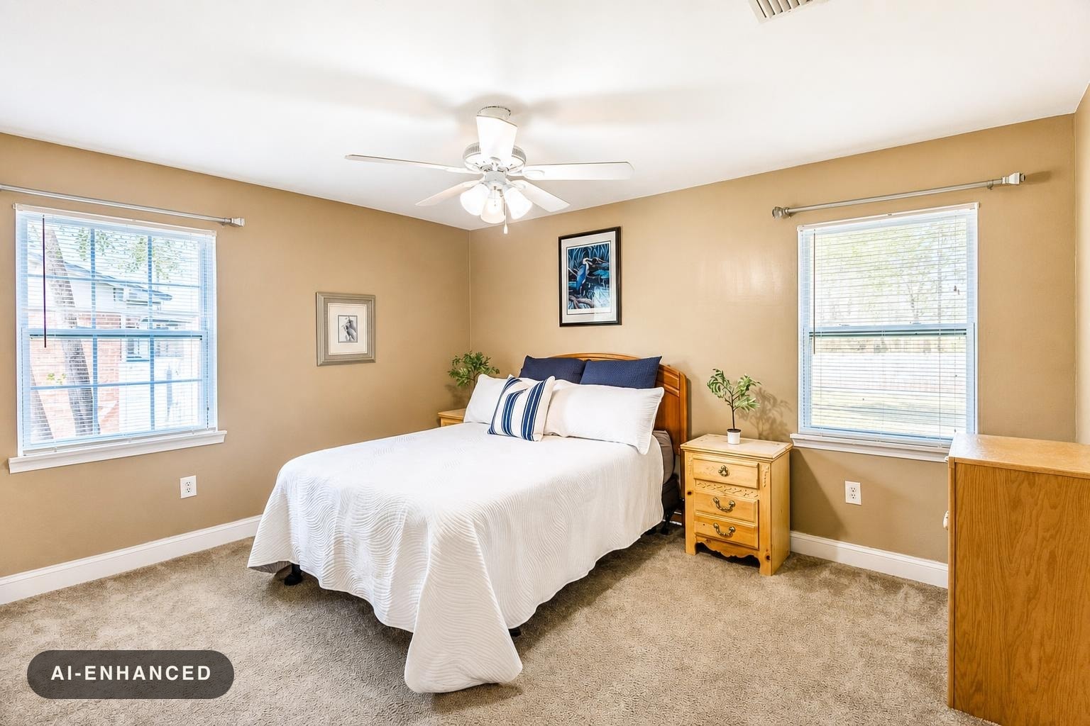 Bedroom with beige walls, white bedding, wooden bed frame and furniture, two windows with blinds, and carpeted floor.