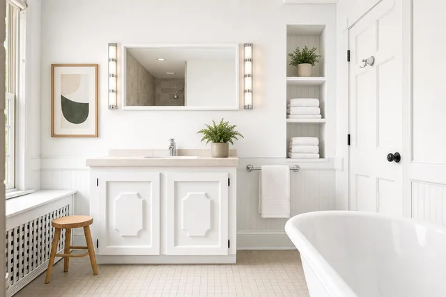 Bright white bathroom with a freestanding tub, white vanity with mirror lights, wooden stool, and open shelves with towels and a plant.