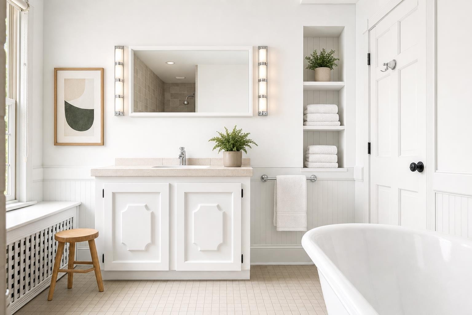 Bright white bathroom with a freestanding tub, white vanity with mirror lights, wooden stool, and open shelves with towels and a plant.