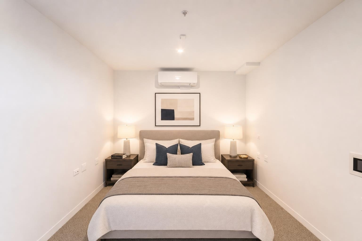 Modern bedroom with a beige upholstered bed with blue and beige pillows, two dark wood nightstands with lamps, and abstract wall art.