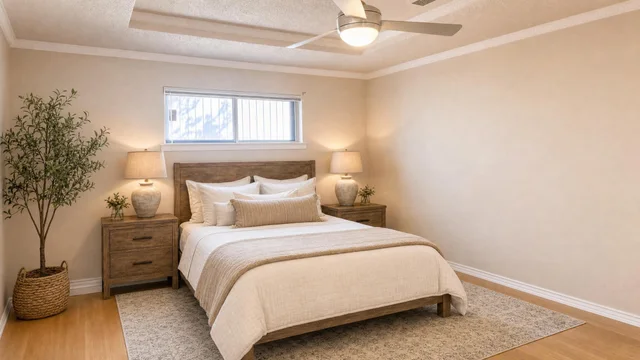 Bedroom with a wooden bed frame, two wooden nightstands with table lamps, a potted plant, and a ceiling fan with light.