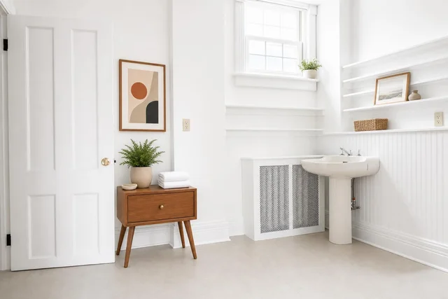 Midcentury style bathroom with white walls, pedestal sink, wooden side table with plant and towels, abstract wall art.
