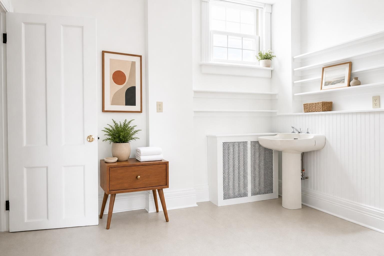 Midcentury style bathroom with white walls, pedestal sink, wooden side table with plant and towels, abstract wall art.