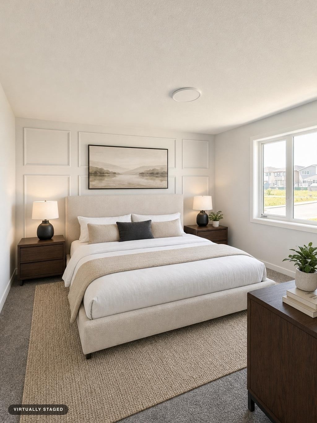 Modern bedroom with beige upholstered bed, two dark wood nightstands with black lamps, beige rug, and window showing exterior view.