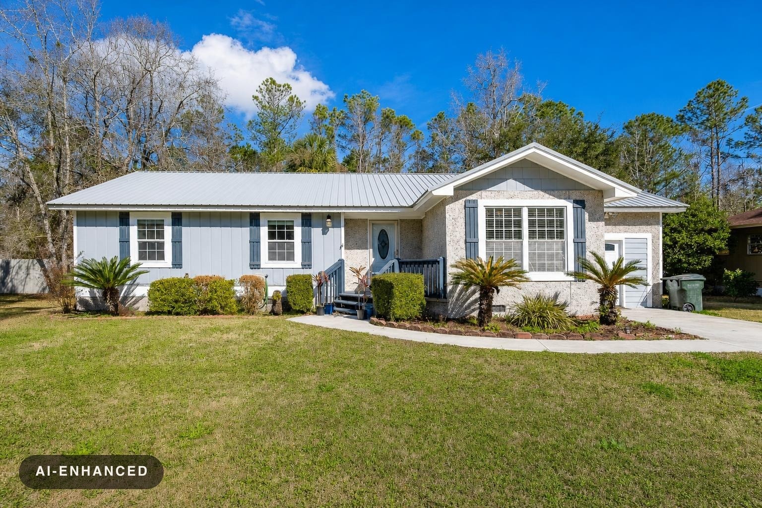 Single-story house with blue siding, white trim, front porch, shrubs, and small palm trees under a clear blue sky.