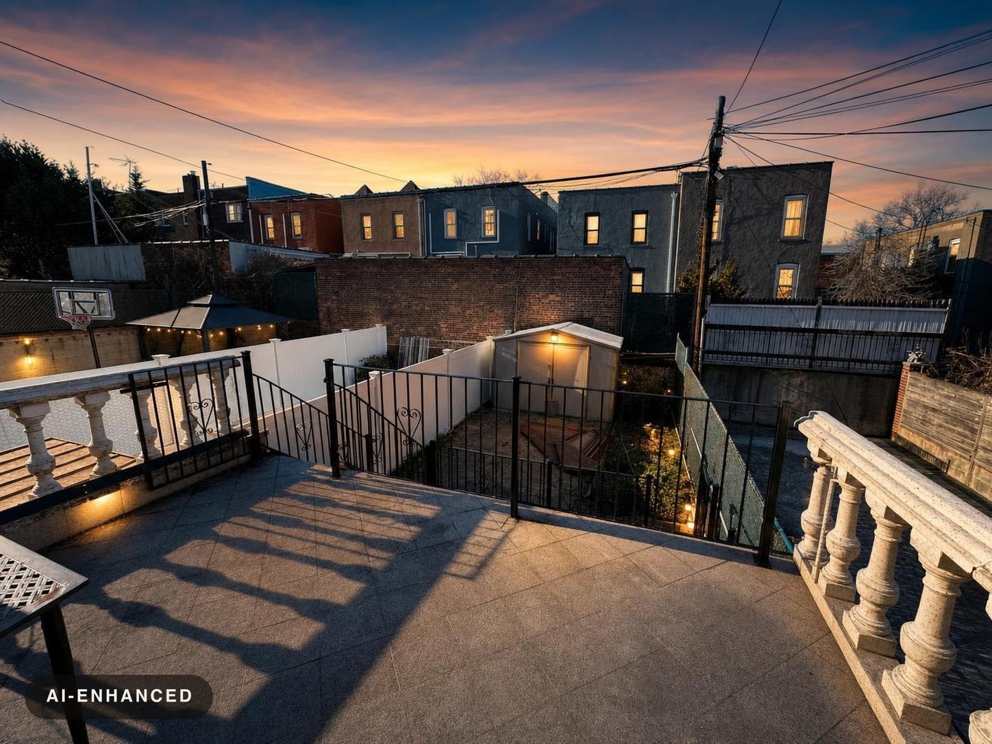 Backyard terrace with stone tile floor and black metal railing overlooking fenced yard with shed at sunset.