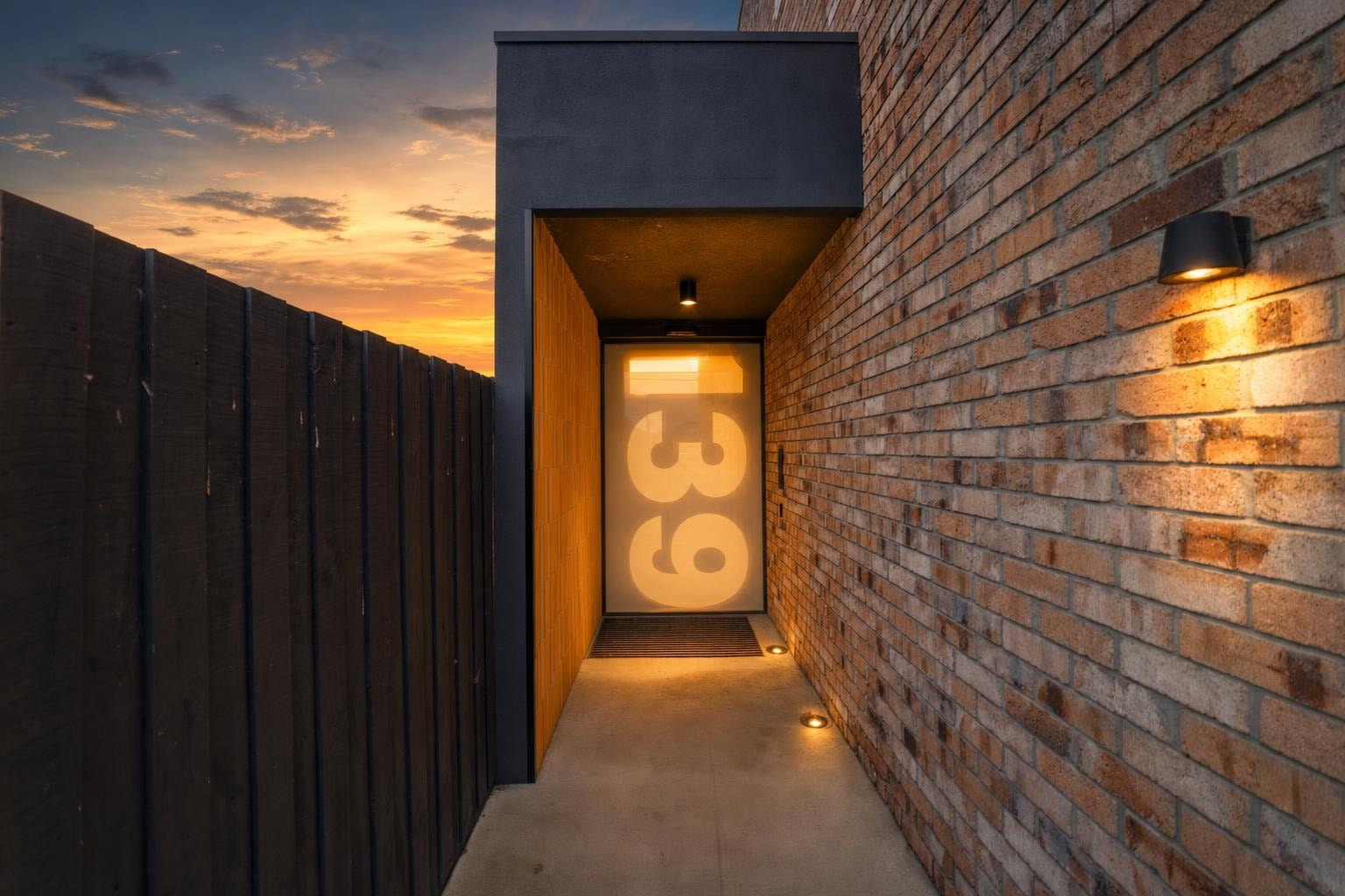 Narrow exterior hallway at dusk with a brick wall on the right, wooden fence on the left, and a door with large illuminated numbers 139.