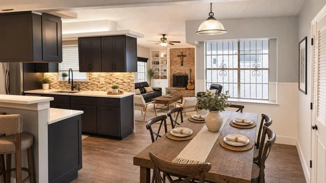 Open living and dining room with rustic wooden table, dark kitchen cabinets, fireplace, leather sofas, and large window.