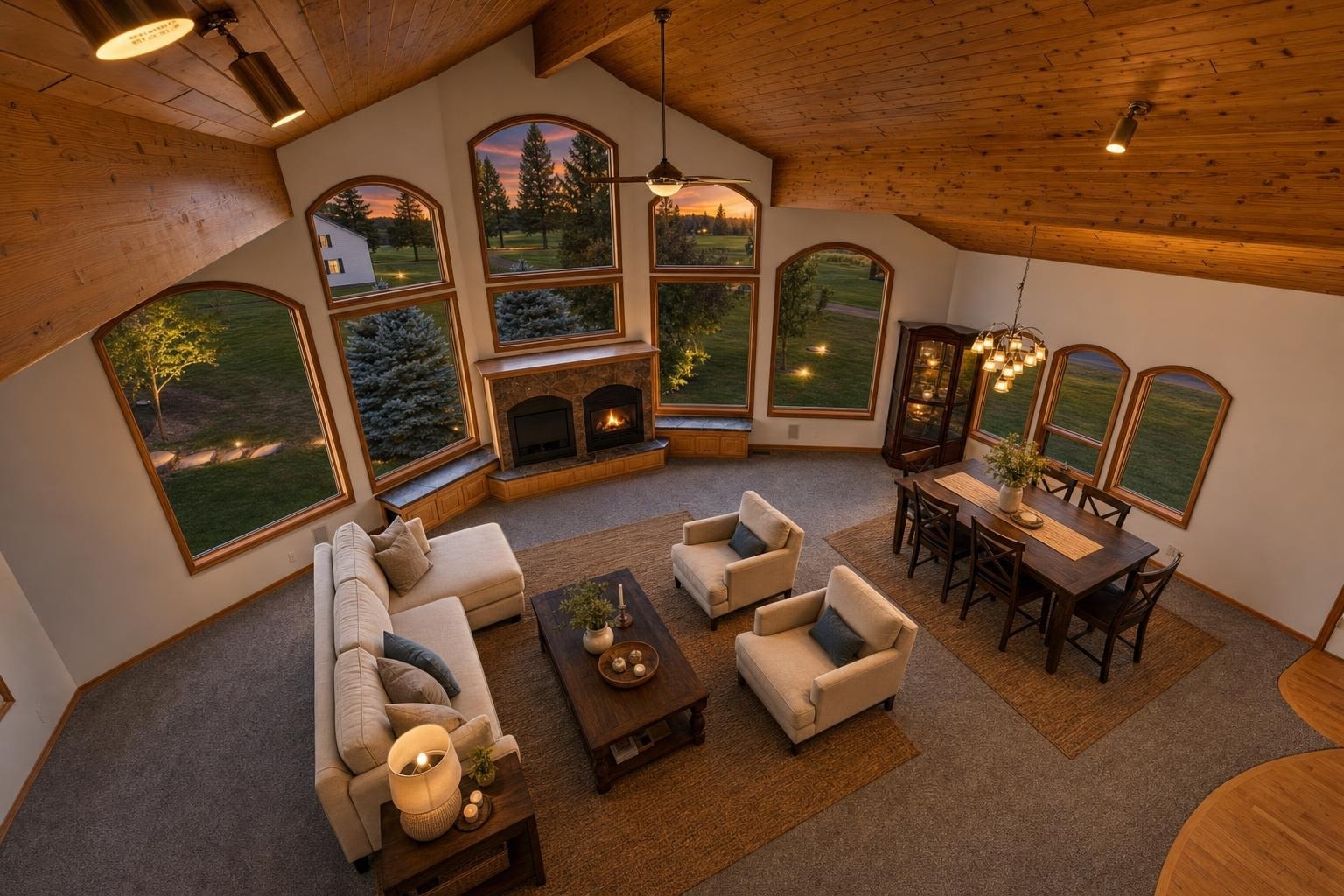 Living room with vaulted wood ceiling, large arched windows, beige sofa set, wooden coffee table, dining area, and fireplace.