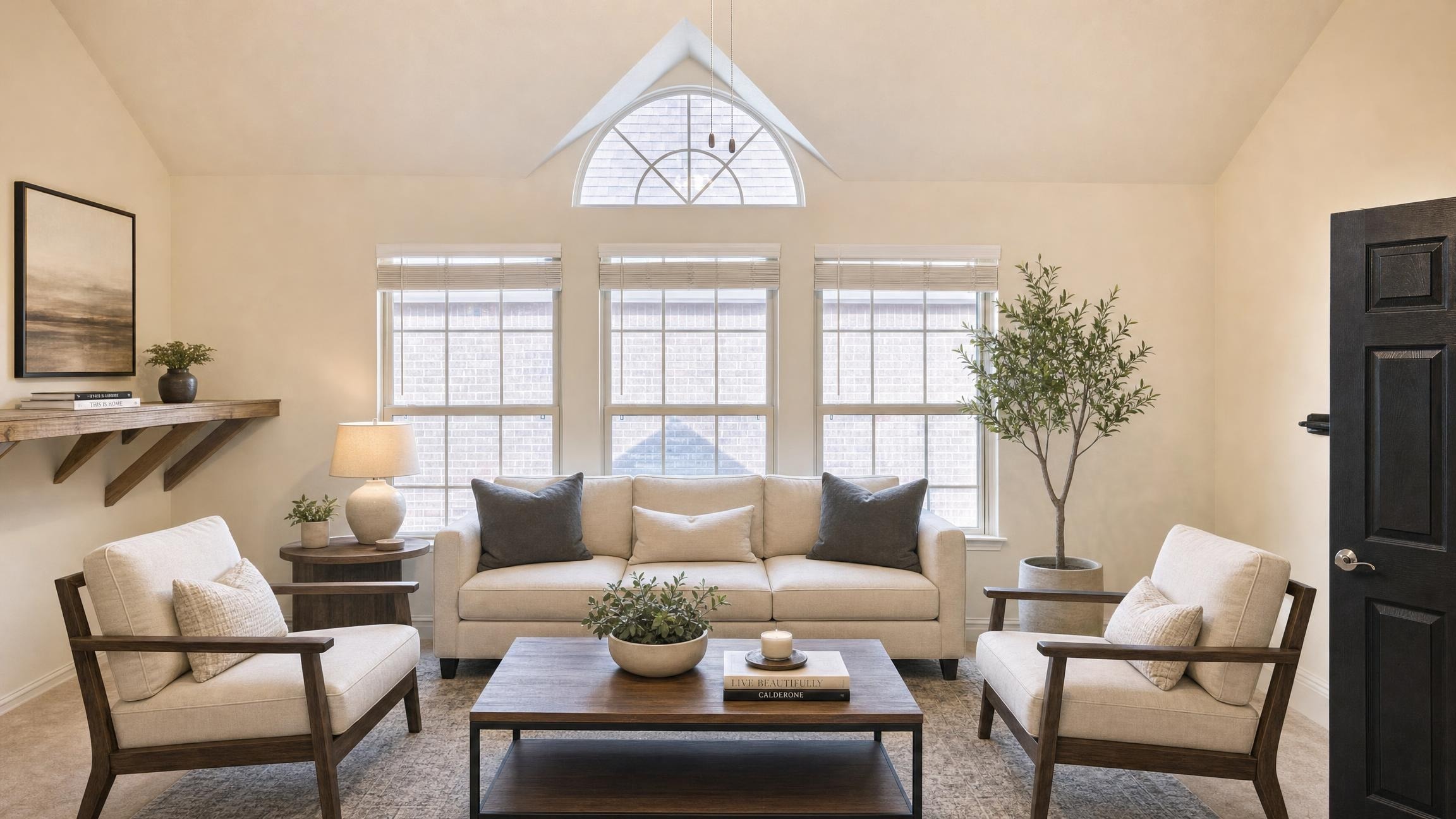 Living room with a beige sofa, two armchairs, large windows, a wooden coffee table, and neutral-toned decor.
