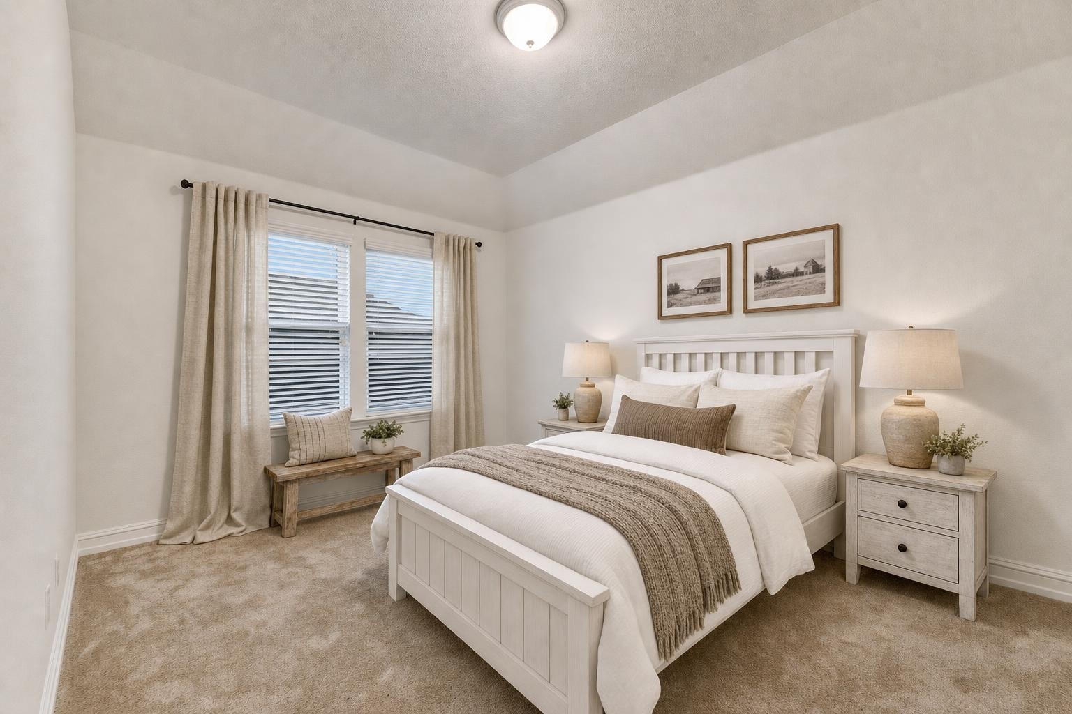Farmhouse-style bedroom with white wooden bed, beige lamps on nightstands, beige curtains, and a wooden bench under a window.