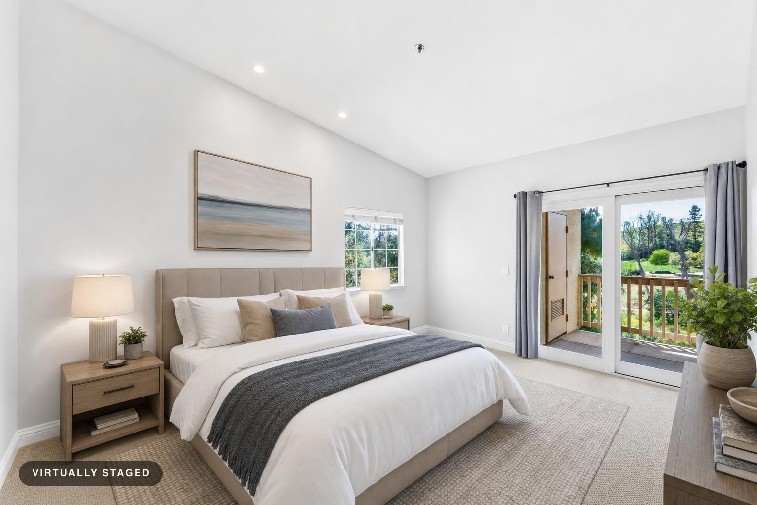 Bright modern bedroom with beige upholstered bed, wood nightstands, lamps, and glass doors opening to balcony.