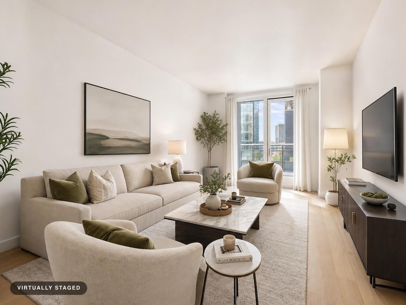Living room with beige sofa and armchairs, white curtains on glass door, dark wood media console, and minimal decor.