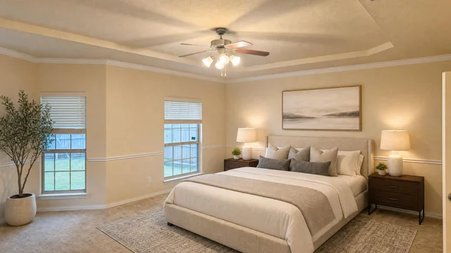Spacious bedroom with beige walls, large bed with beige upholstered headboard and bedding, two dark wood nightstands with lamps, and a potted plant near windows.