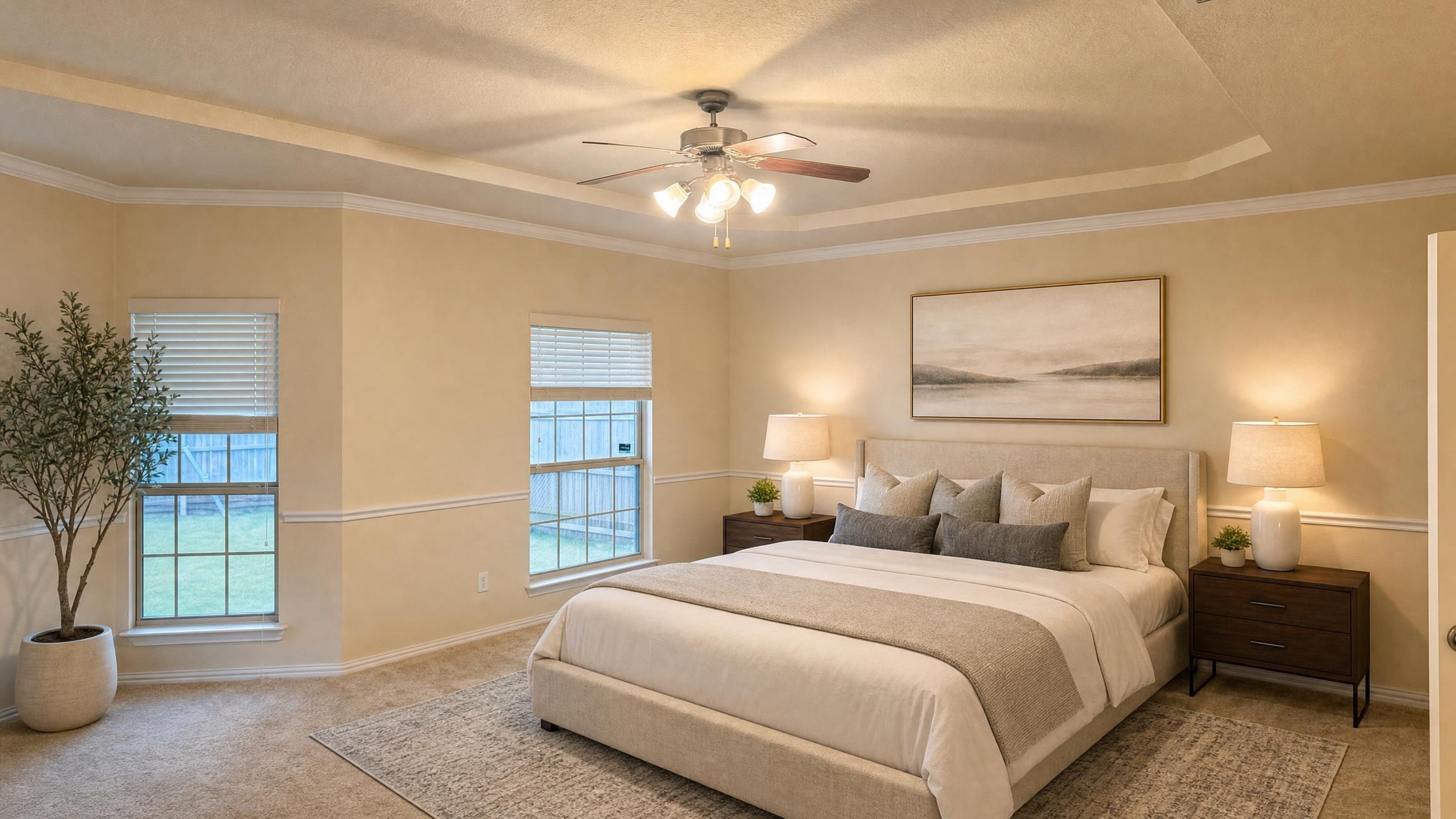 Spacious bedroom with beige walls, large bed with beige upholstered headboard and bedding, two dark wood nightstands with lamps, and a potted plant near windows.
